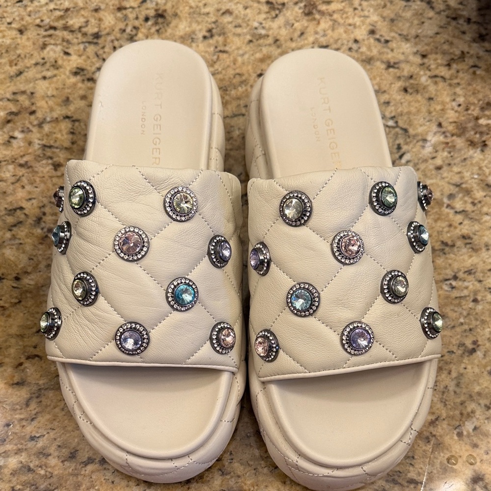 Kurt Geiger Cream Quilted Slide Mules with Multicolor Gem Studs